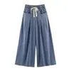 Conjunto de dos piezas para mujer: camiseta de mezclilla lavada de manga corta + pantalones de pierna ancha, nuevo estilo europeo y americano de verano, atuendo casual holgado y favorecedor