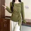 Camiseta Casual de Manga Larga con Lazos y Diseño Asimétrico, Adelgazante, Tallas Grandes para Mujer, Otoño 2026