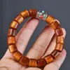Pulseira de Contas de Madeira de Tília Envelhecida com Incrustação de Prata, Joia de Contas Budistas de Óleo Vermelho Envelhecido para Homens e Mulheres
