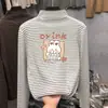 Camisa de Base Feminina Outono e Inverno com Gola Meia-Alta em Veludo Alemão com Listras Escovadas para Crianças, Crianças de Tamanho Médio e Grande, Tops Engrossados