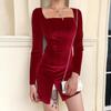 Vestido Outono Novo Cor Pura Veludo Coreano Transfronteiriço Europeu e Americano C96233 Estilo Sexy Decote U Decote Redondo Fenda