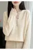 Dropshipping disponível: Estilo Outono/Inverno, suéter de malha com gola, 100% lã, pulôver feminino de manga longa, com botões, cor sólida, camada base
