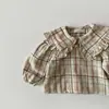 Camisa xadrez de algodão puro estilo coreano para bebê menina, estilo princesa, com gola grande, camisa básica versátil e estilosa de manga longa para crianças pequenas