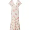 Comercio exterior al por mayor Ropa de mujer estilo europeo y americano, elegante y a la moda, con escote en V, estampado floral patchwork, manga corta, vestido largo de cola de pez