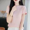 Elegante Camiseta Ligera de Punto Acanalado para Mujer, Nueva Camisa Base Lisa de Estilo Coreano de Verano con Mangas Volantes Rosas