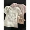 Camiseta de Manga Corta con Cuello en U para Mujer, Estilo Coreano, Bordado Dulce de Perro Dachshund, Top Delgado de Verano con Diseño de Lazo 3D, Moderno