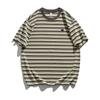 Ru Meng Verano Nuevo Cuello Redondo Pesado Casual Camiseta de Manga Corta para Hombre Marca de Moda Americana Rayada Suelta Manga Corta