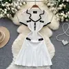 Vestido de punto de alta gama para mujer, estilo socialité francesa, color contrastante, cuello de muñeca, manga corta, hebilla metálica, adelgazante en la cintura