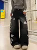 Jeans preto de perna larga e corte curvo bordado com flor de ameixeira, estilo único para mulheres, calça longa de cintura alta, lavagem vintage, corte solto
