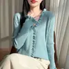 Cárdigan de punto con volantes transfronterizo para mujer, estilo francés, camiseta básica de manga larga, diseño de primavera y otoño, top adelgazante