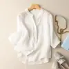 Camisa Retrô Artística de Verão Fina de Algodão e Linho Feminina Solta com Decote V Jaqueta Top Casual Top de Manga Média Feminino