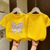 Camiseta de Algodão Puro de Manga Curta para Meninas Verão Novo Estilo Estampada Gola Redonda Top para Menininhas Soltinho Respirável Camiseta de Manga Meia