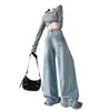 Jeans de mezclilla lavada sueltos de cintura alta para mujer, pantalones rectos holgados que estilizan, pantalones largos hasta el suelo, pantalones de pierna ancha, pantalones azules largos