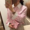 Moda Chic Coreana Camisa Casual a Rayas Bloque de Color Manga Larga Camisa Estilo Coreano Camisa Versátil