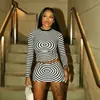 Conjunto de Dos Piezas para Mujer con Rayas en Espiral Estilo Europeo y Americano Transfronterizo, Cuello Alto, Manga Larga, Minifalda Bodycon Corta Ajustada