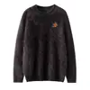 Suéter redondo de malha 100% cashmere escovado para mulheres, nova coleção outono/inverno, cor sólida com bordado, suéter de tricô quente e com caimento solto