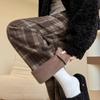Pantalones a cuadros de lana vintage para mujer, otoño/invierno 145, nuevos pantalones casuales de algodón 150, pantalones anchos con forro polar, color de contraste pequeño