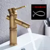 Grifo de Estilo Antiguo Europeo de Cobre Completo Grifo Retro con Junta de Bambú para Lavabo Individual Frío Lavabo Artístico Lavabo de Encimera Grifo de Agua Fría y Caliente