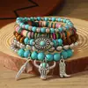El nuevo juego de pulseras elásticas de 5 piezas más vendido de TEMU, cabeza de vaca, hoja, turquesa, cuentas de madera, stock de fábrica al por mayor