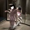 Lencería Sexy Sirvienta Tentación Correa de Cachorro Cama Coqueteo Pasión Uniforme Conjunto de Encaje Transparente
