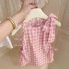 Vestido colete xadrez rosa e branco de verão novo estilo para meninas, Vestido de bebê moderno estilo coreano