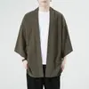 2026 Novo Estilo de Verão Masculino Simples Cor Sólida Algodão e Linho Cardigan Solto Estilo Chinês Manga Três Quartos Camisa Corta-vento Tamanho Grande
