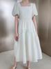 Vestido Luxi de Cuello Cuadrado y Mangas Abullonadas para Mujer Verano Cintura Alta Adelgazante Elegante Malla de Alta Calidad Falda Midi 3012