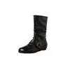 Botas casuais de salto alto empilhadas com fivela de cinto estilo coreano, inverno 2026, salto baixo, bico redondo, couro bovino, elásticas, de cano médio para mulheres