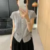 Cardigan Tricotado Cinza Vazado de Seda de Gelo para Mulheres, Top Elegante de Verão Estilo Francês com Ajuste na Cintura Curta