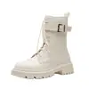Botas Martin de Couro Macio Femininas de Cano Médio 2026 Nova Coleção Outono/Inverno Branco Com Pelúcia Salto Bloco Solado Grosso Botas Curtas Botas para Motociclista