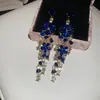 Brincos de Franja Flor de Strass Azul Europeus e Americanos Transfronteiriços Agulha de Prata, Brincos de Tarraxa Modernos e Requintados, Brincos de Luxo Leve de Alta Qualidade para Mulheres