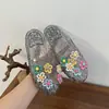 Sandálias Doces com Laço Estilo Fada, Sapatos de Cristal, Sandálias com Bico de Flor, Sandálias Baixas com Miçangas da Moda de Verão Feminina
