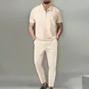 Traje de Color Sólido para Hombre de Estilo Europeo y Americano, Nueva Colección Primavera y Otoño 2025, Cuello Waffle, Manga Corta, Cremallera, Conjunto de Pantalones Largos