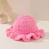 Chapéu de Pescador Crochê com Fio Grosso, Fofo e Doce, Feito à Mão, Popular, Cor Sólida, Aba Plissada Franzida, Chapéu de Balde Tricô