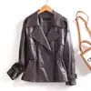 Chaqueta de cuero para mujer con cuello de solapa, nuevo estilo otoño 2026, talla petite, chaqueta tipo gabardina corta vintage entallada a la cintura, moderna