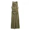 Exportação Transfronteiriça Roupas Femininas Primavera 2026 Estilo Europeu e Americano Textura de Cetim de Seda Sem Mangas Midi Plissado Vestido para Mulheres F610143