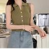 Chaleco sin Mangas con Cuello Polo para Mujer Nuevo Arribo Francés Cárdigan de Un Solo Botón Combinable Adelgazante Corto Celebridad Elegante Camisa Básica