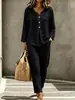 Traje casual casual de dos piezas para mujer, nuevo, transfronterizo europeo y americano, color liso, con botones, cuello en V