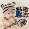 Ins Outono e Inverno Estilo Coreano Chapéu de Malha Infantil para Meninos e Meninas Bebê Listrado Urso Chapéu de Lã com Borda Enrolada Pele de Melão Quente Chapéu
