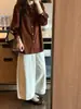 Camisa de renda marrom retrô de alta qualidade estilo Ins, nova camisa outonal estilo coreano solta e versátil com um visual estiloso, adequada para usar em camadas