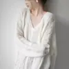 Suéter de Mohair Sintético con Cuello en V para Mujer Otoño Temprano Holgado Perezoso Suave de Punto Hueco Top Pulóver