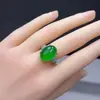 Anel Novo Chinês de Calcedônia Verde Gelo de Luxo Incrustado Banhado a Prata 925 Ágata Pó Anel Aberto Mulheres Fornecimento ao Vivo