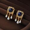 Brincos de Pérola Lápis Lazúli Femininos Moda de Alta Qualidade Elegantes Estilo Corte Brinco Agulha de Prata Nicho Brincos Vintage Franceses