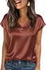 Camiseta de Satén para Mujer Primavera y Verano Amazon Nuevo Color Sólido Europeo y Americano Negocios Cuello en V Casual Suéter Superior para Mujer