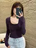 Top liso de manga larga ajustado con cuello en U para mujer, nuevo estilo coreano de otoño, camiseta elegante de cintura alta