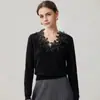 Suéter feminino de cashmere com decote V, botões de pérola e gola de renda, versátil, caimento solto, afina a silhueta, gola floral, suéter quente