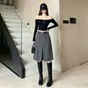 2026 Falda Media de Lana Gris Oscuro Cintura Alta Abertura Frontal Falda de Línea A de Longitud Media Elegante Adelgazante Transfronteriza Versátil Falda Media