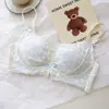 Conjunto de Lencería Dulce de Encaje Cremoso para Mujeres con Pechos Pequeños, Push-Up, Anti-Caída, Conjunto de Sujetador sin Varillas