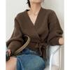 Suéter de Punto con Corbata de Moño, Cuello en V, Cárdigan de Cintura Alta para Mujer, Suéter, Chaqueta para Mujer, Ropa de Abrigo, Top Francés de Manga Larga