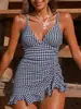2026 Moda Primavera Europeia e Americana Transfronteiriça Novo Estilo Xadrez Preto e Branco Bainha Plissada Alça Franzida Maiô Peça Única para Mulheres